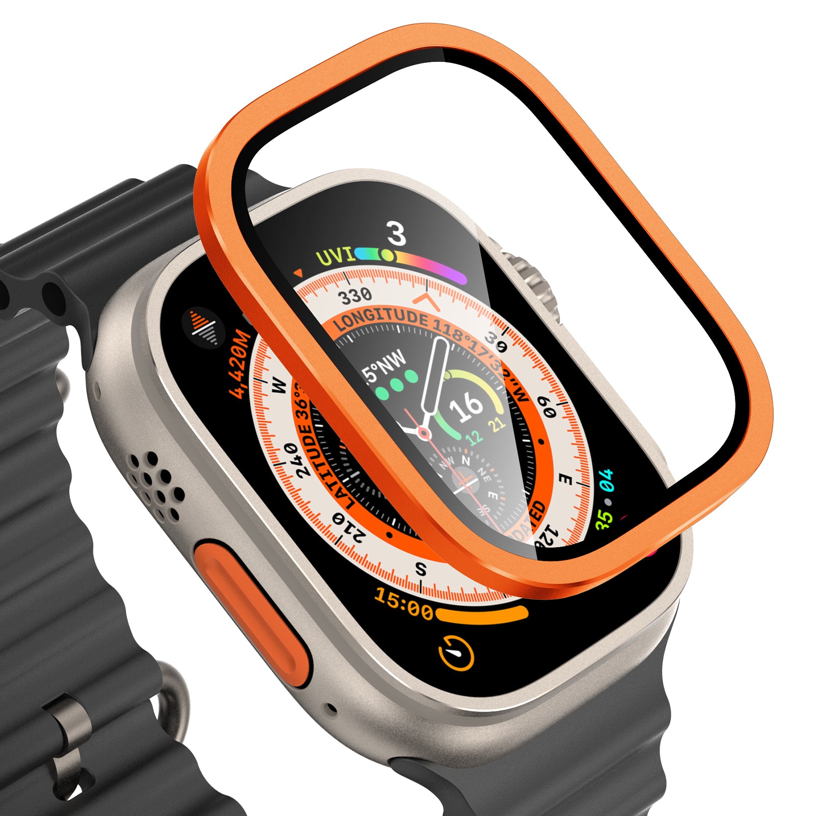 For Apple Watch Ultra 49mm / Ultra 2 49mm Case Aluminum Alloy Watch Cover with Tempered Glass Film - Orange