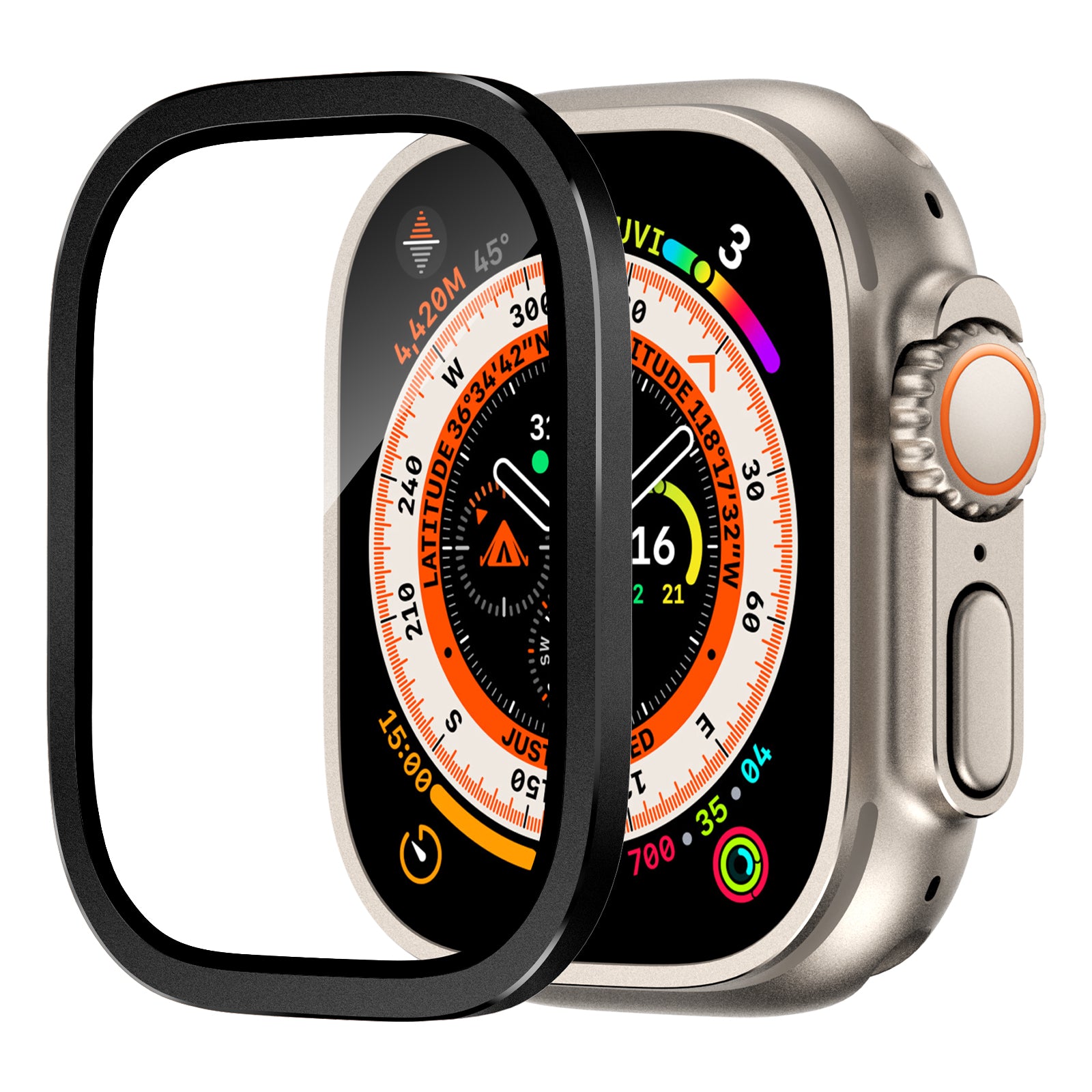For Apple Watch Ultra 49mm / Ultra 2 49mm Case Aluminum Alloy Watch Cover with Tempered Glass Film - Orange