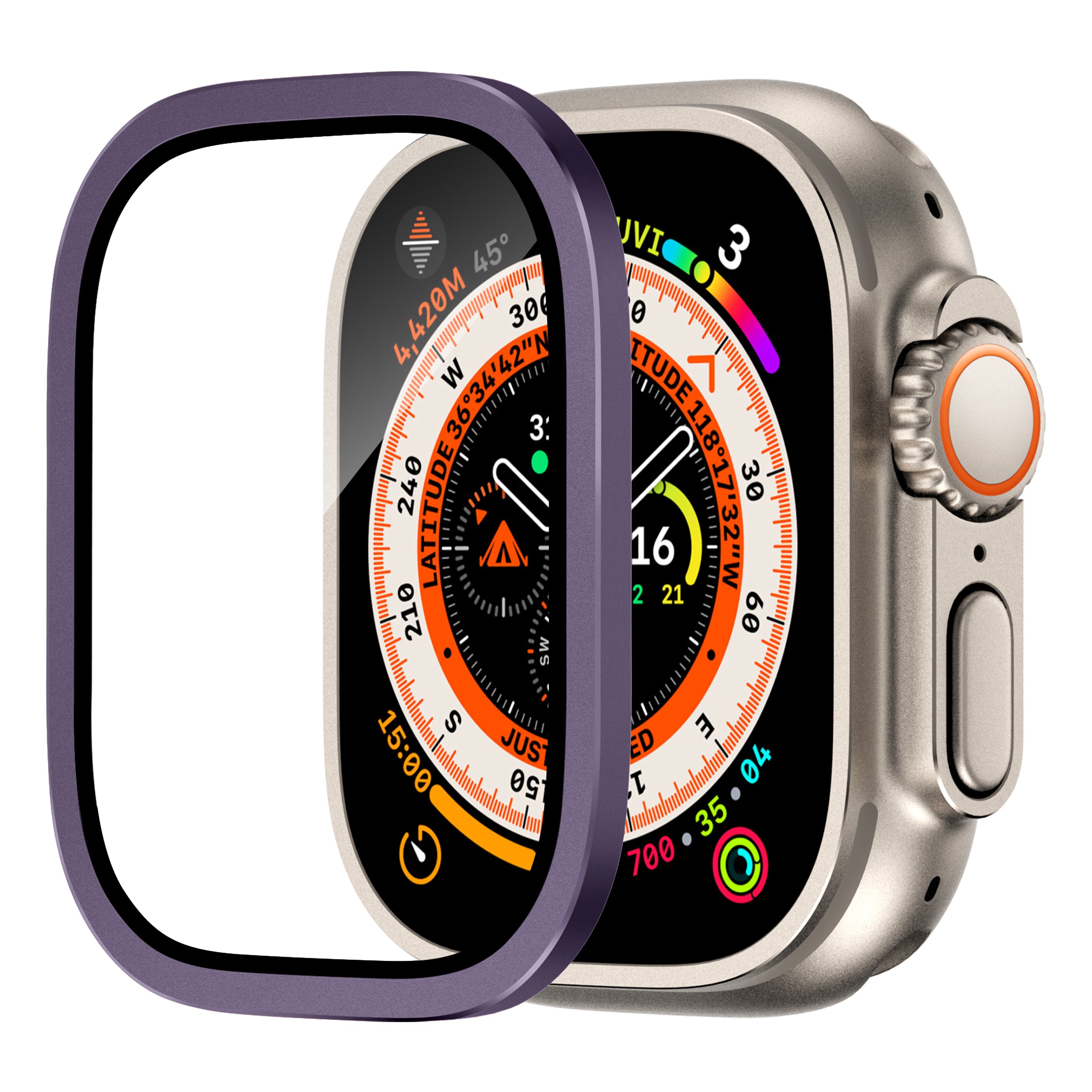 For Apple Watch Ultra 49mm / Ultra 2 49mm Case Aluminum Alloy Watch Cover with Tempered Glass Film - Orange