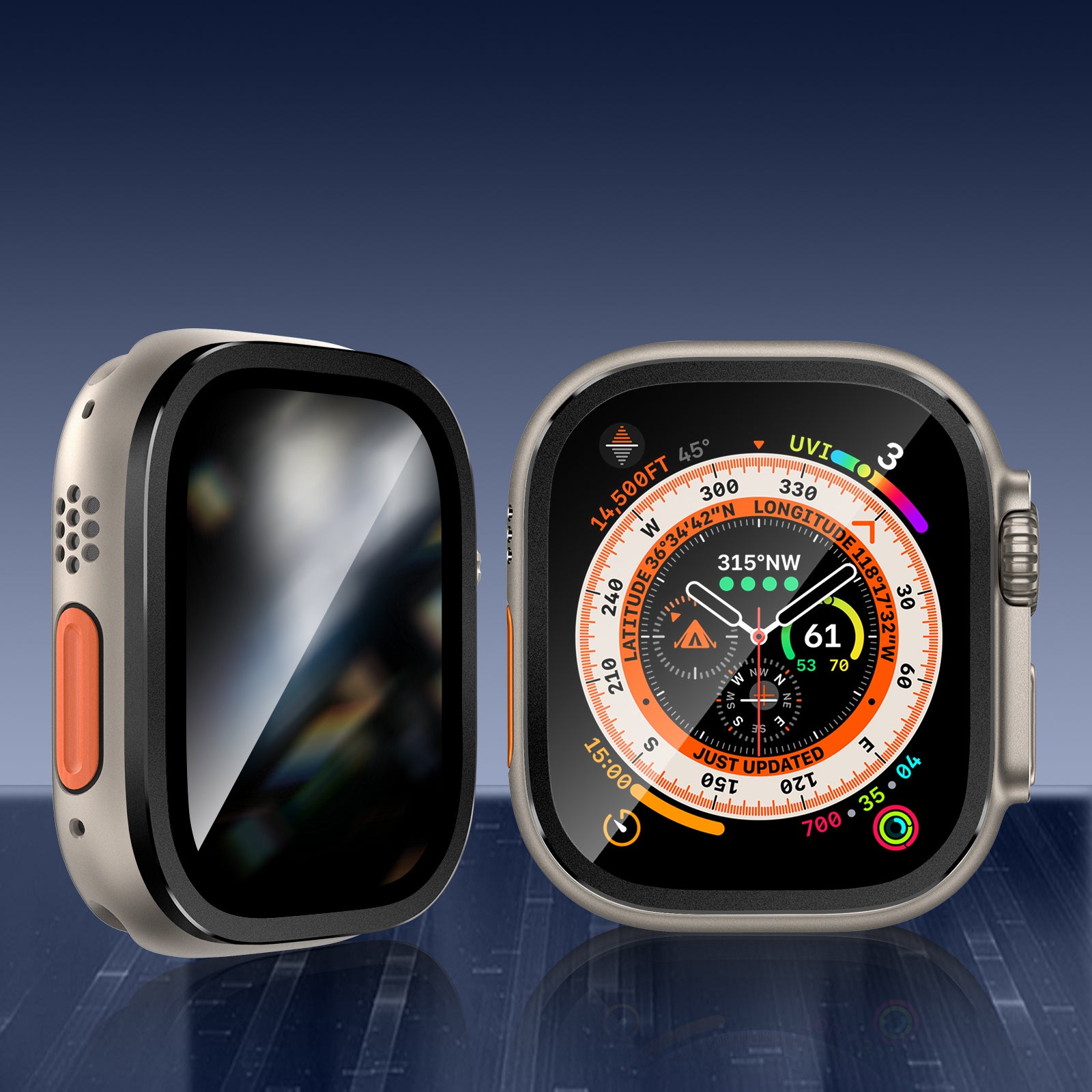For Apple Watch Ultra 49mm / Ultra 2 49mm Aluminum Alloy Watch Case with Anti-spy Tempered Glass Film - Black
