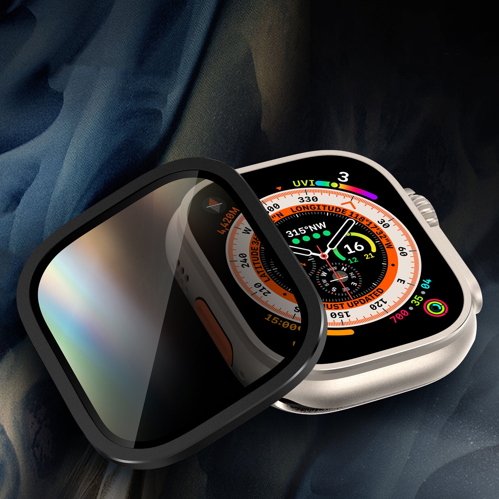 For Apple Watch Ultra 49mm / Ultra 2 49mm Aluminum Alloy Watch Case with Anti-spy Tempered Glass Film - Black