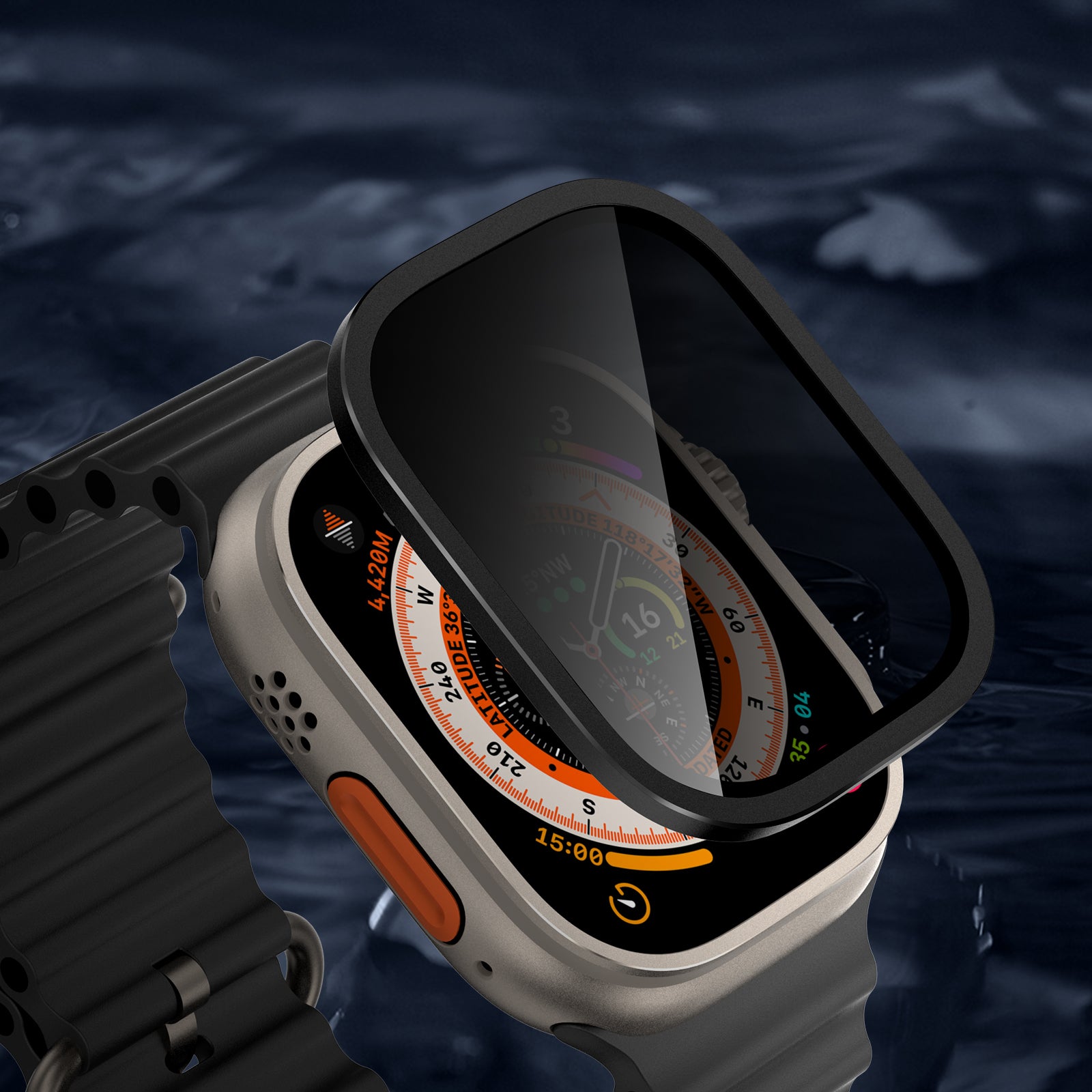 For Apple Watch Ultra 49mm / Ultra 2 49mm Aluminum Alloy Watch Case with Anti-spy Tempered Glass Film - Black
