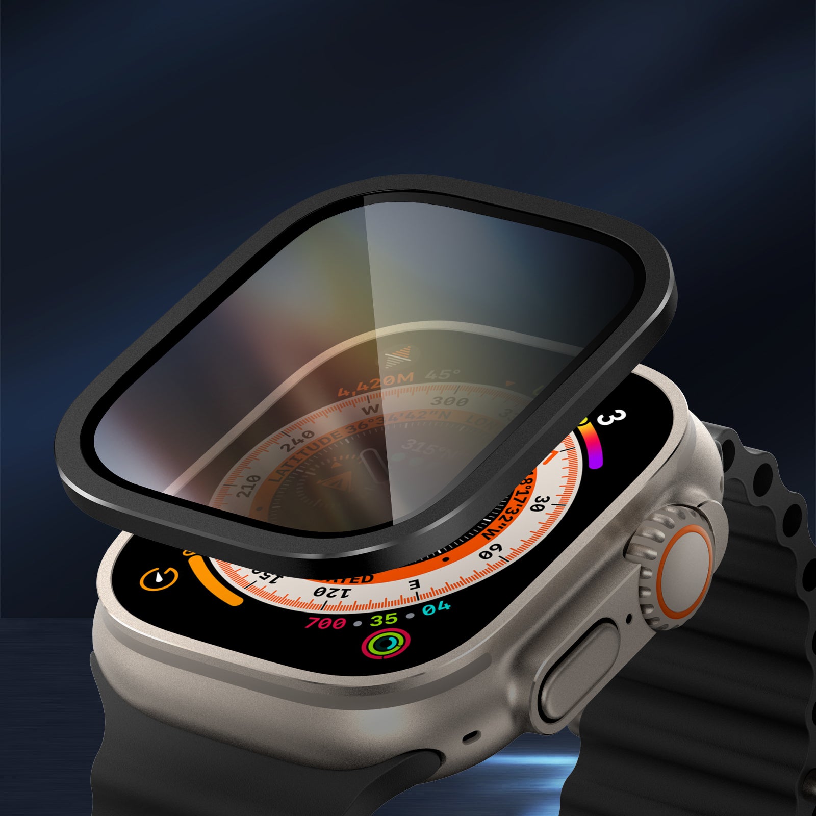 For Apple Watch Ultra 49mm / Ultra 2 49mm Aluminum Alloy Watch Case with Anti-spy Tempered Glass Film - Black