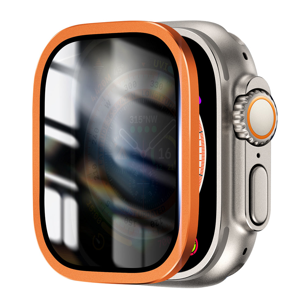 For Apple Watch Ultra 49mm / Ultra 2 49mm Aluminum Alloy Watch Case with Anti-spy Tempered Glass Film - Black