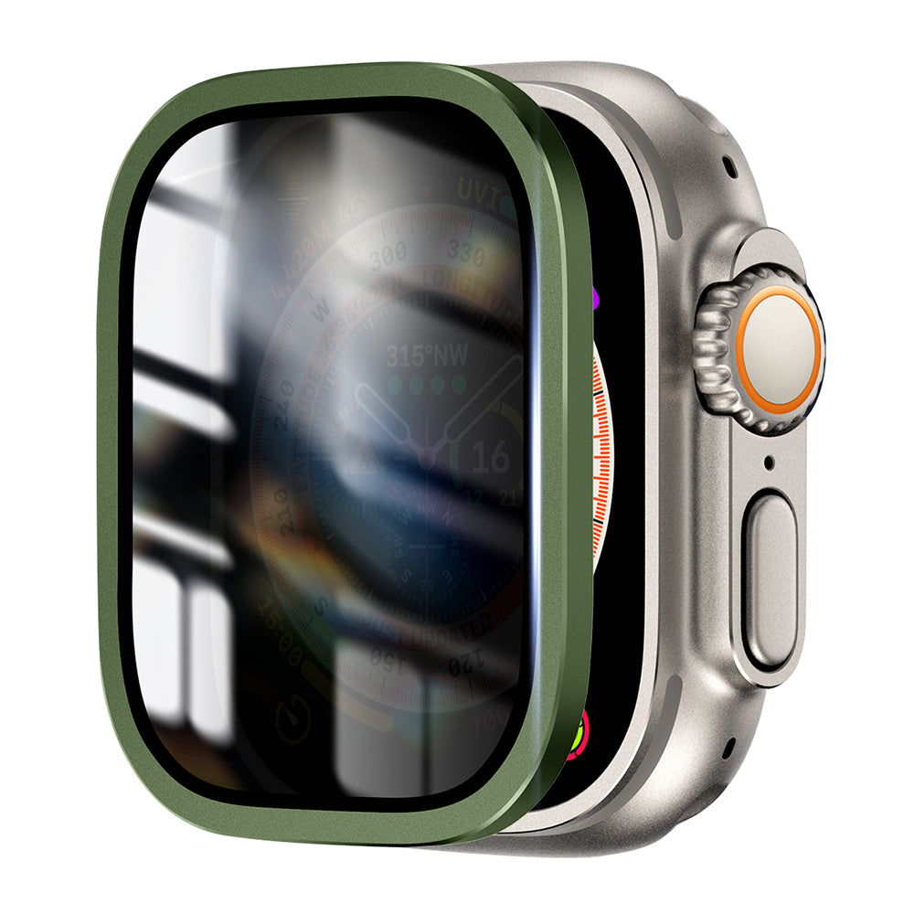 For Apple Watch Ultra 49mm / Ultra 2 49mm Aluminum Alloy Watch Case with Anti-spy Tempered Glass Film - Black
