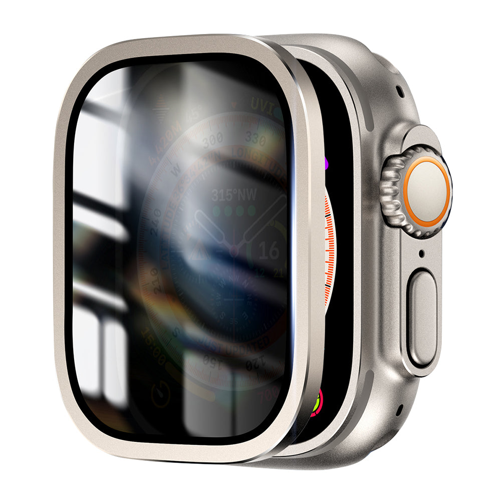 For Apple Watch Ultra 49mm / Ultra 2 49mm Aluminum Alloy Watch Case with Anti-spy Tempered Glass Film - Black