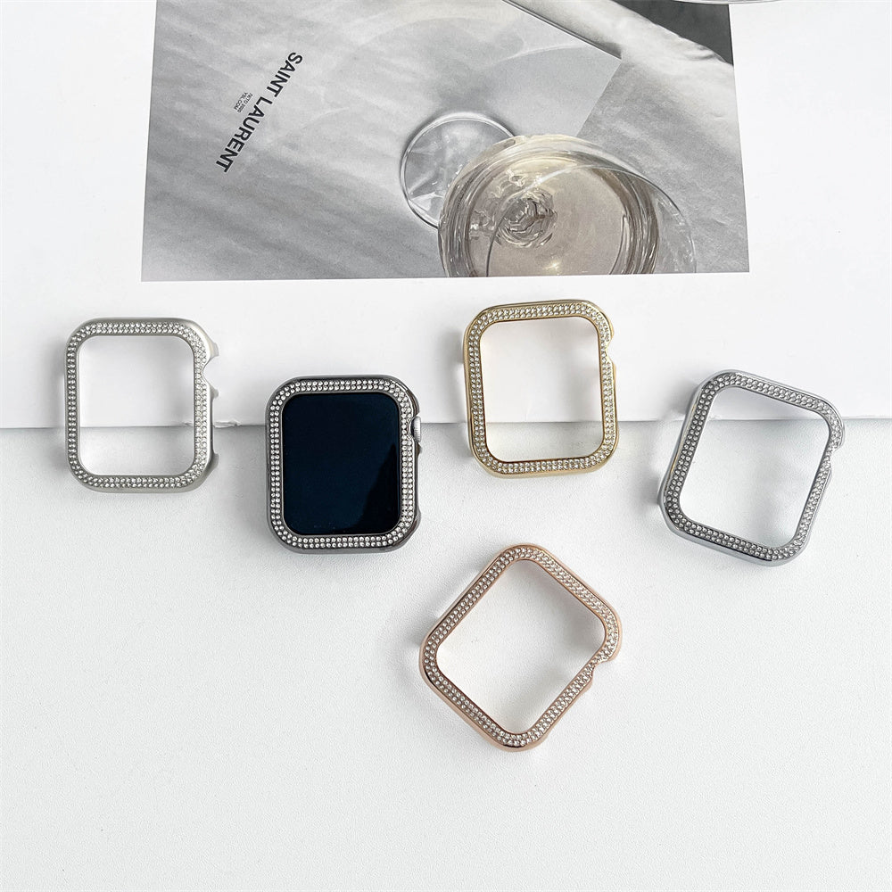 For Apple Watch Series 4  /  5  /  6  /  SE  /  SE (2022) 44mm Watch Case Shiny Rhinestone Aluminum Alloy Protective Cover - Black