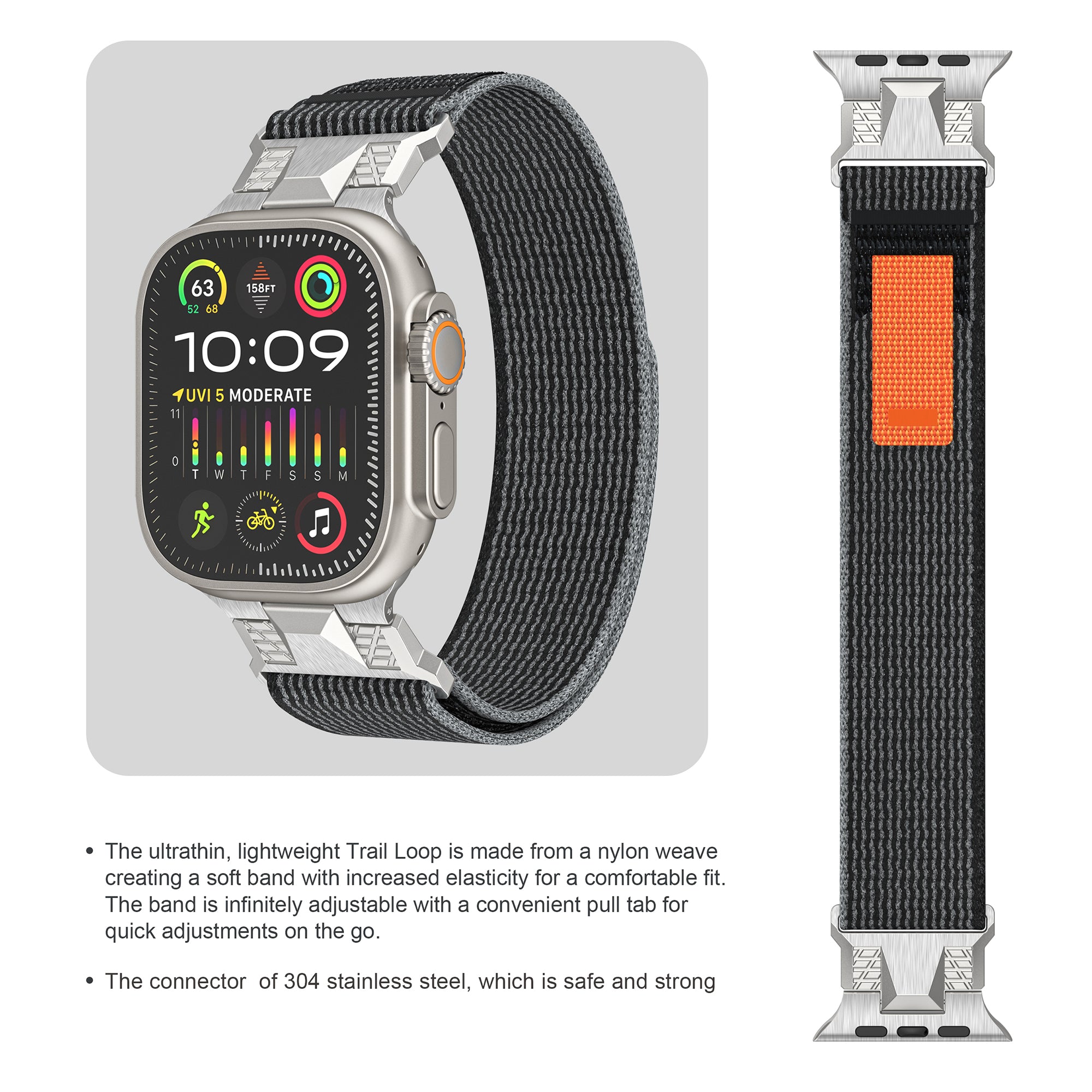 For Apple Watch Ultra 2 Ultra 49mm  /  Series 9 8 7 45mm  /  6 5 4 SE (2022) SE (2023) SE 44mm  /  3 2 1 42mm Trail Loop Nylon Strap - Black+Grey