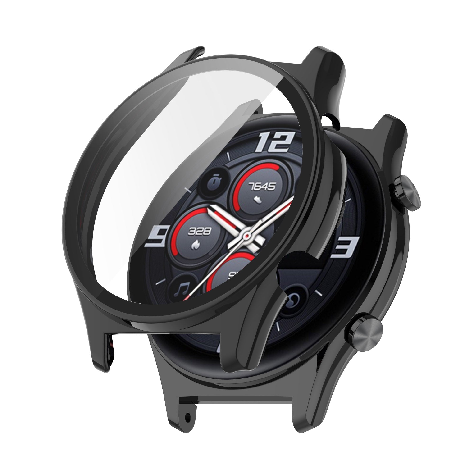 For Honor Watch GS 4 Smartwatch Frame Cover Hard PC Case with Tempered Glass Screen Film - Black