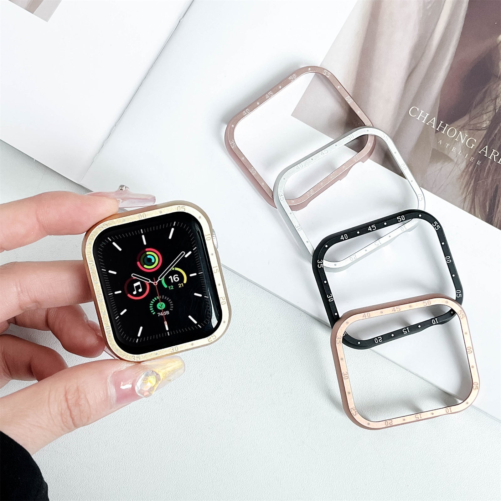 For Apple Watch Series 6 / 5 / 4 / SE (2022) / SE (2023) / SE 44mm Case Aluminum Alloy Hollow Watch Cover with Dial Plate - Gold