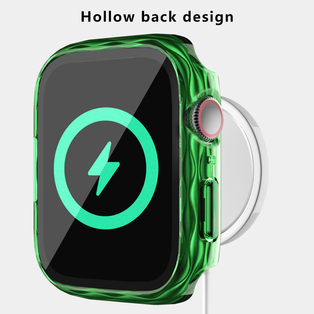 For Apple Watch Series 9 / 8 / 7 41mm Watch Frame Hard PC Wavy Texture Cover with Tempered Film - Transparent Green