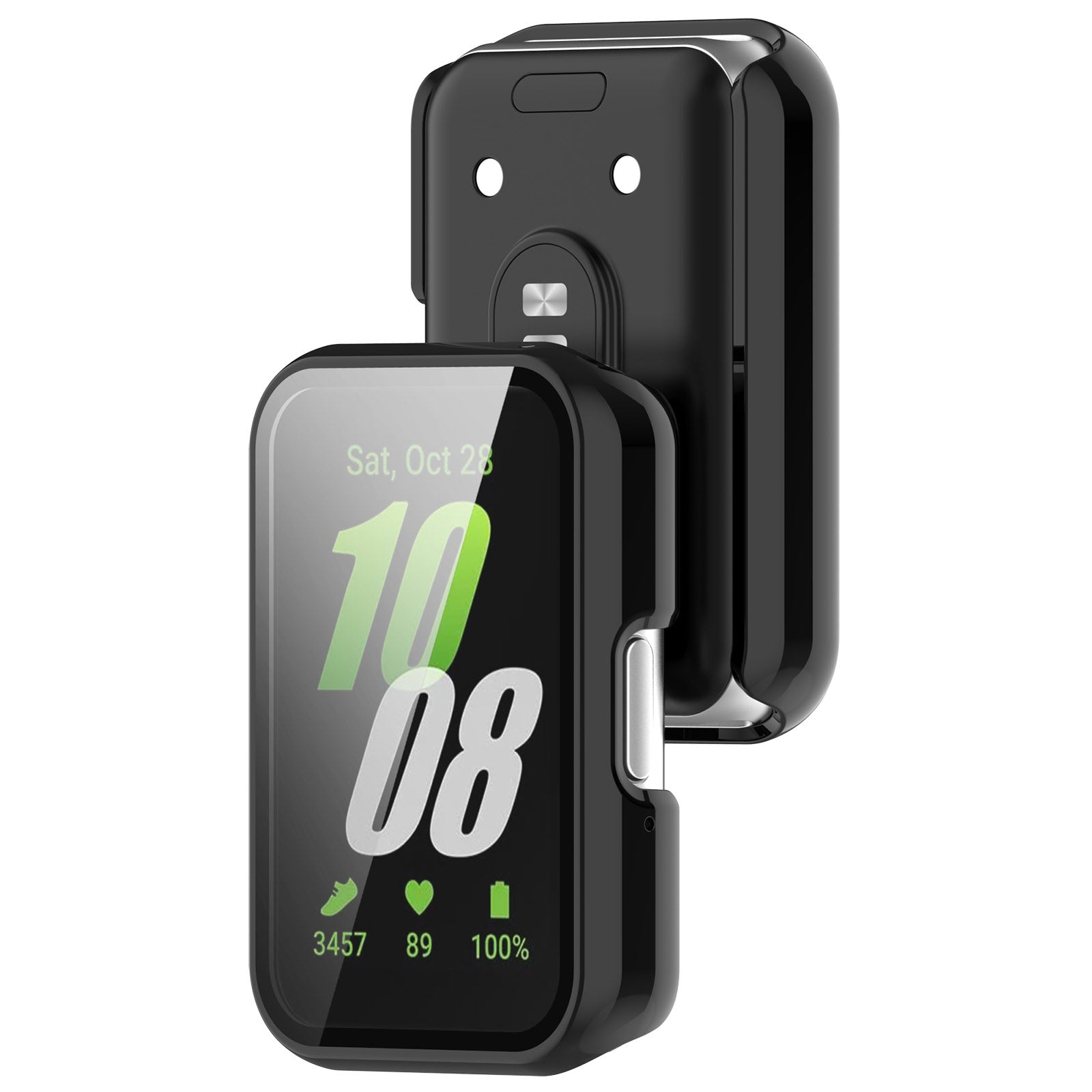 For Samsung Galaxy Fit3 (SM-R390) Case with Tempered Glass Screen Protector Full Coverage Hard PC Watch Cover - Glossy Black