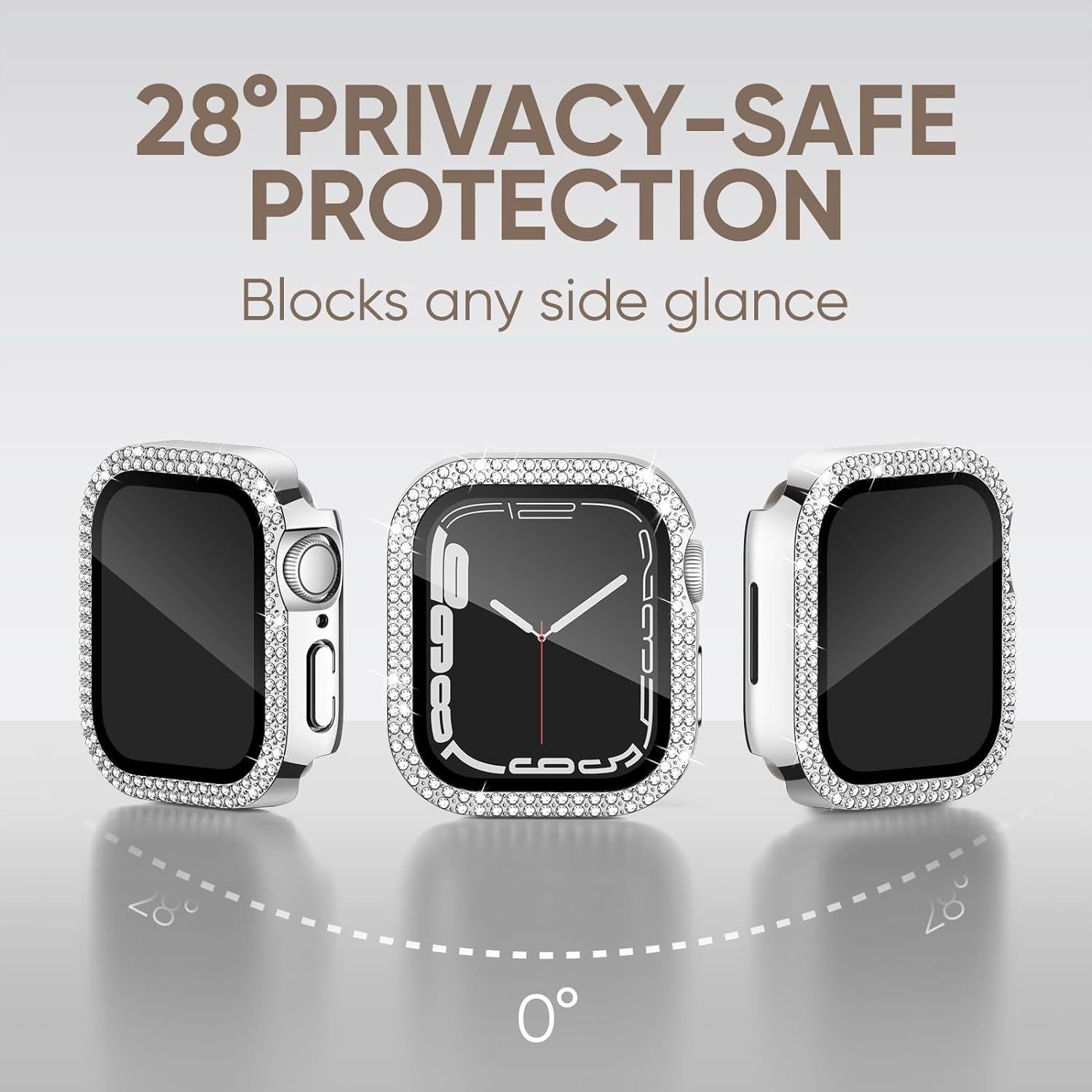 For Apple Watch Series 9 / 8 / 7 45mm Watch Case Rhinestone PC Frame with Anti-spy Tempered Glass Screen Film - Clear