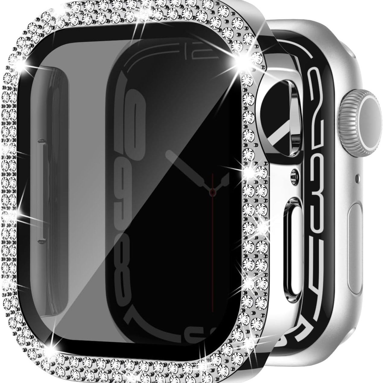 For Apple Watch Series 9 / 8 / 7 45mm Watch Case Rhinestone PC Frame with Anti-spy Tempered Glass Screen Film - Clear