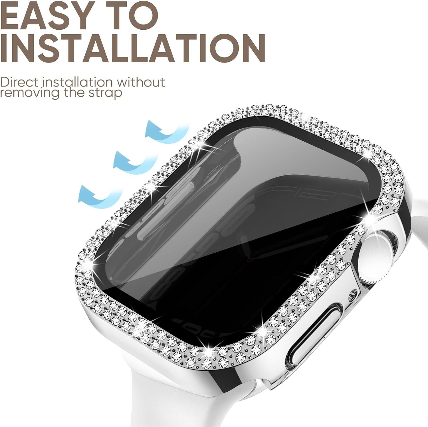 For Apple Watch Series 9 / 8 / 7 45mm Watch Case Rhinestone PC Frame with Anti-spy Tempered Glass Screen Film - Clear