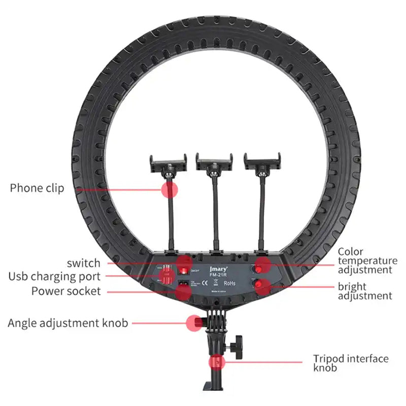 JMARY FM-21R 21-inch Remote Control Dimmable LED Ring Light with Phone Clip