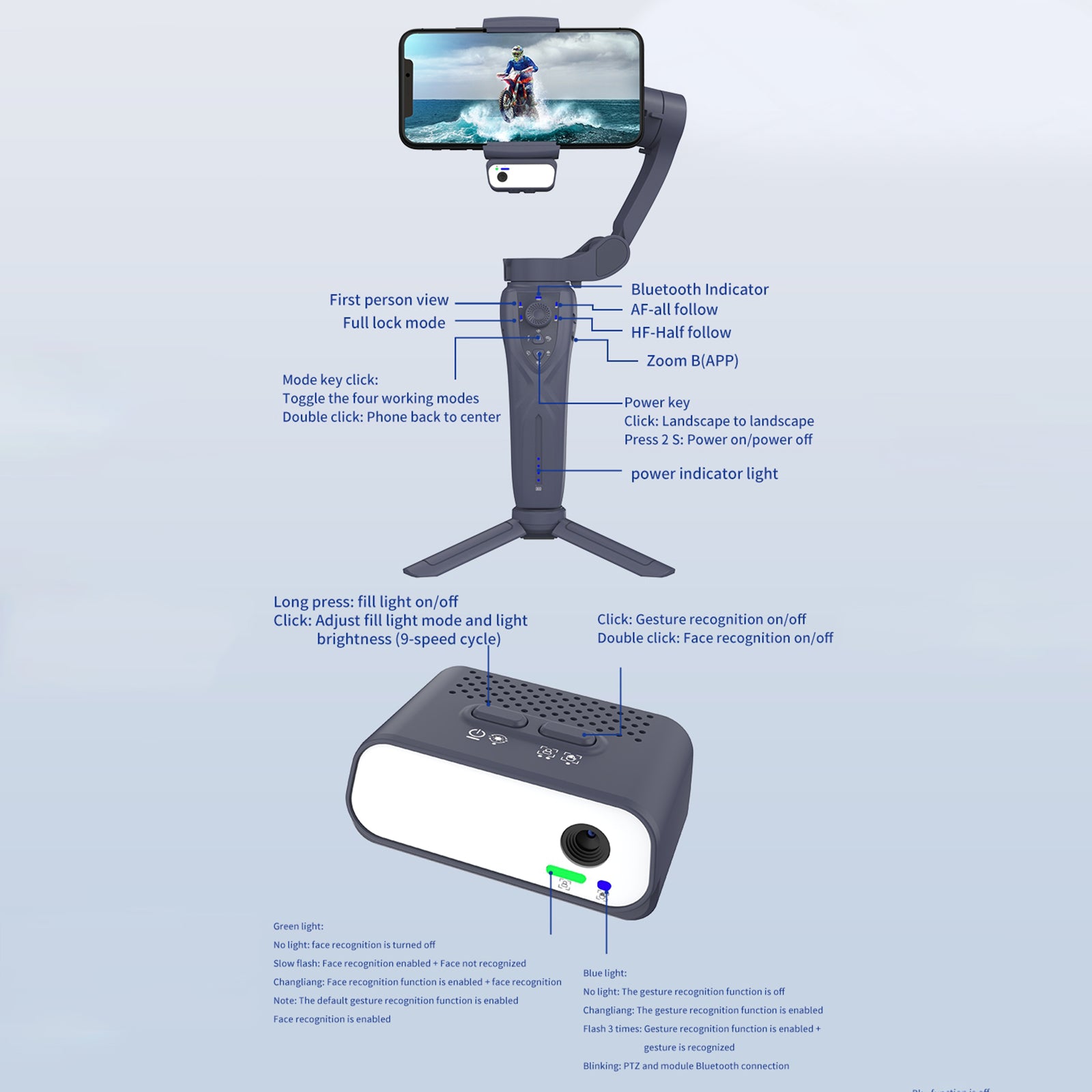 F12 Anti-shake Gimbal Phone Holder Live Streaming Stabilizer with AI Face Tracking Module + Fill Light