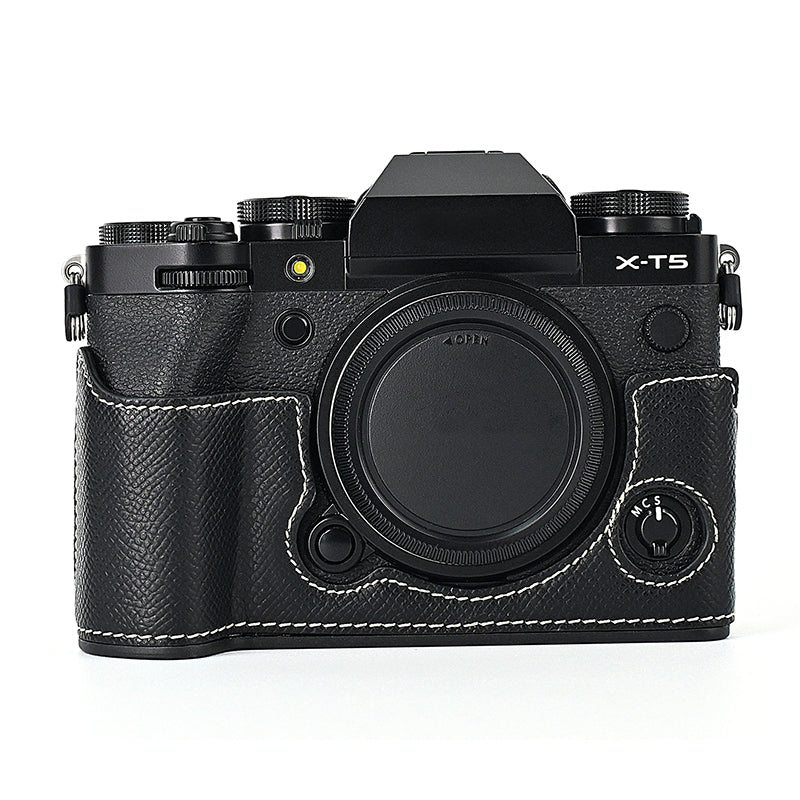 For Fujifilm X-T5 Camera PU Leather Protective Case Battery Opening Design Half Body Cover with Hand Strap