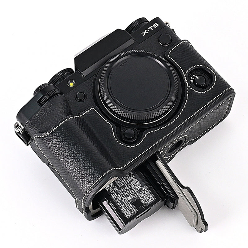 For Fujifilm X-T5 Camera PU Leather Protective Case Battery Opening Design Half Body Cover with Hand Strap