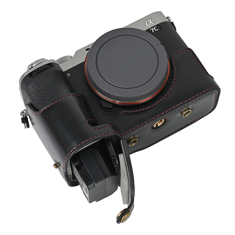 For Sony A7C II Detachable Camera Bag PU Leather Battery Opening Case with Lens Bag