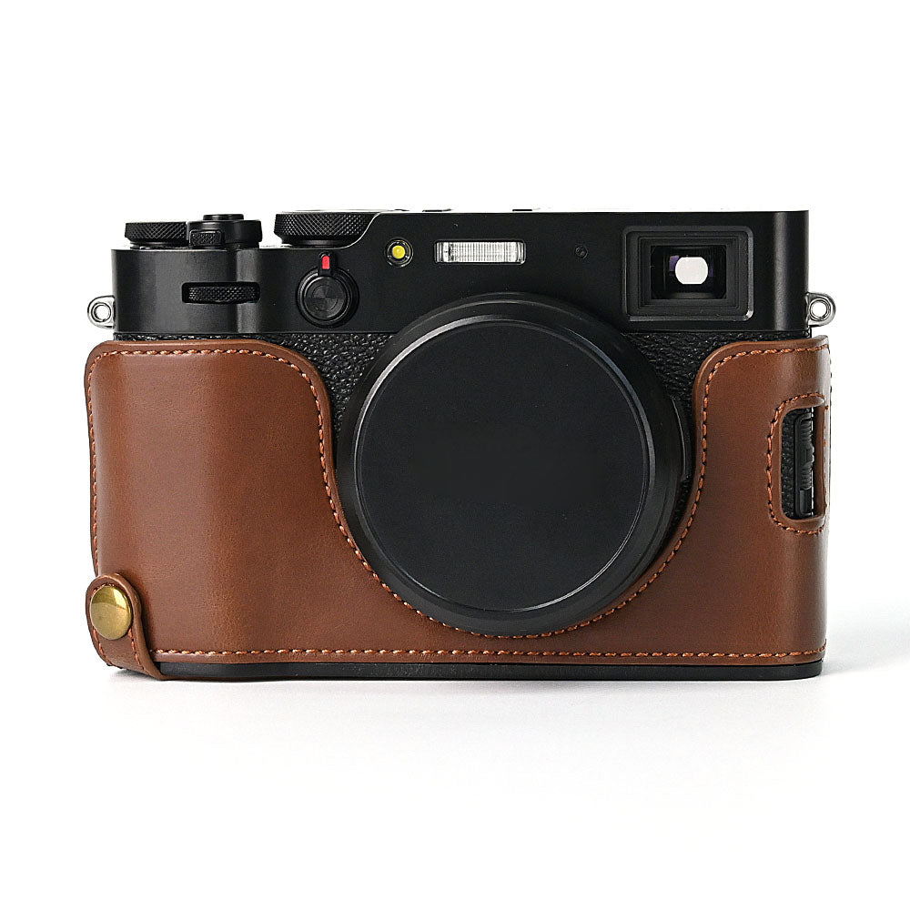 For Fuji X100V Bottom Case Battery Opening Design PU Leather Camera Half Body Cover + Wrist Strap
