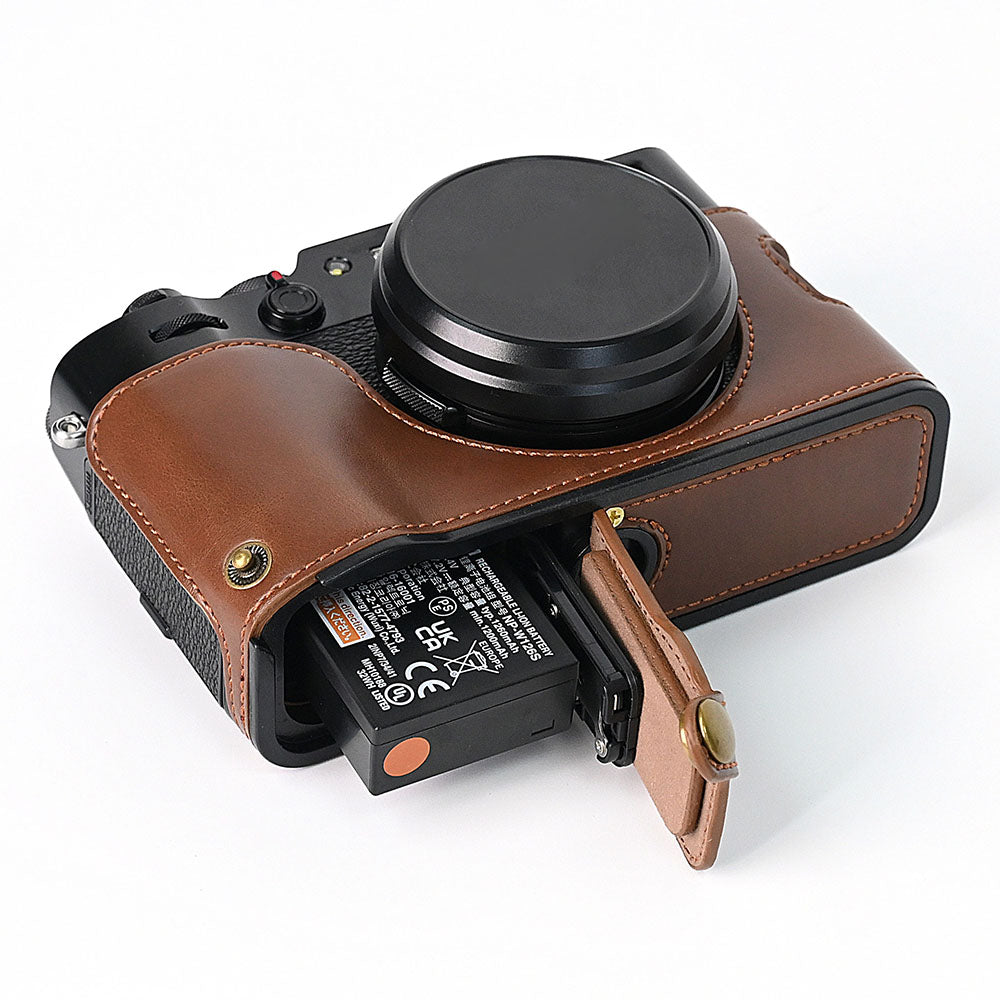 For Fuji X100V Bottom Case Battery Opening Design PU Leather Camera Half Body Cover + Wrist Strap