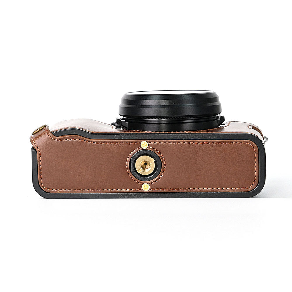 For Fuji X100V Bottom Case Battery Opening Design PU Leather Camera Half Body Cover + Wrist Strap