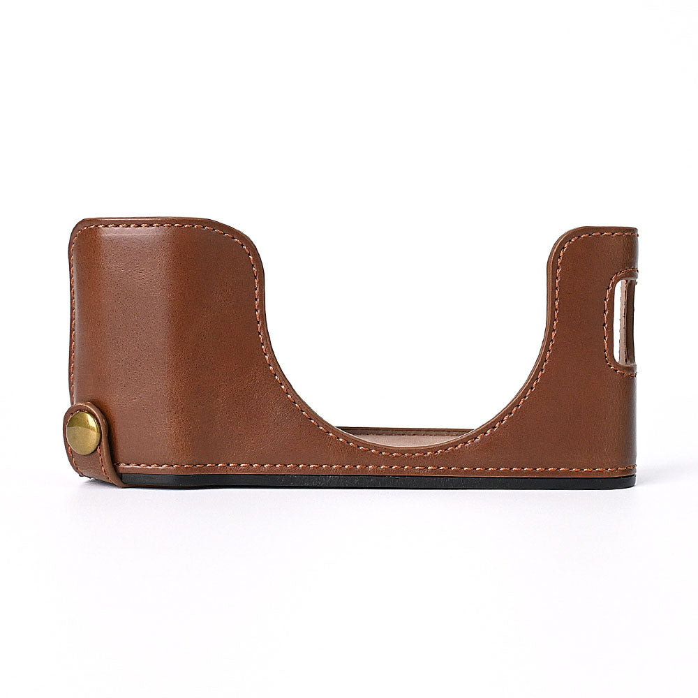 For Fuji X100V Bottom Case Battery Opening Design PU Leather Camera Half Body Cover + Wrist Strap