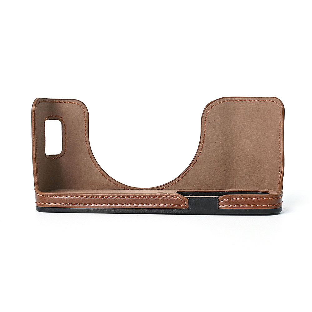 For Fuji X100V Bottom Case Battery Opening Design PU Leather Camera Half Body Cover + Wrist Strap