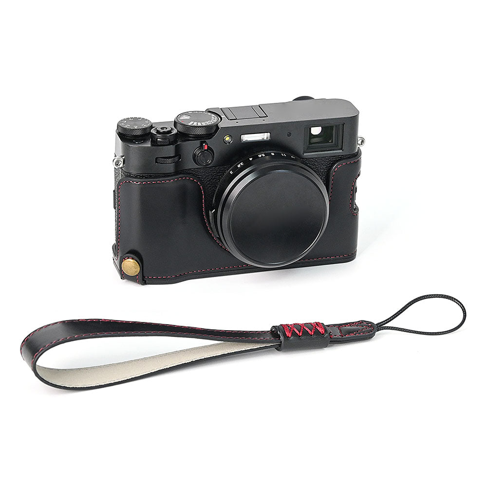 For Fuji X100V Bottom Case Battery Opening Design PU Leather Camera Half Body Cover + Wrist Strap
