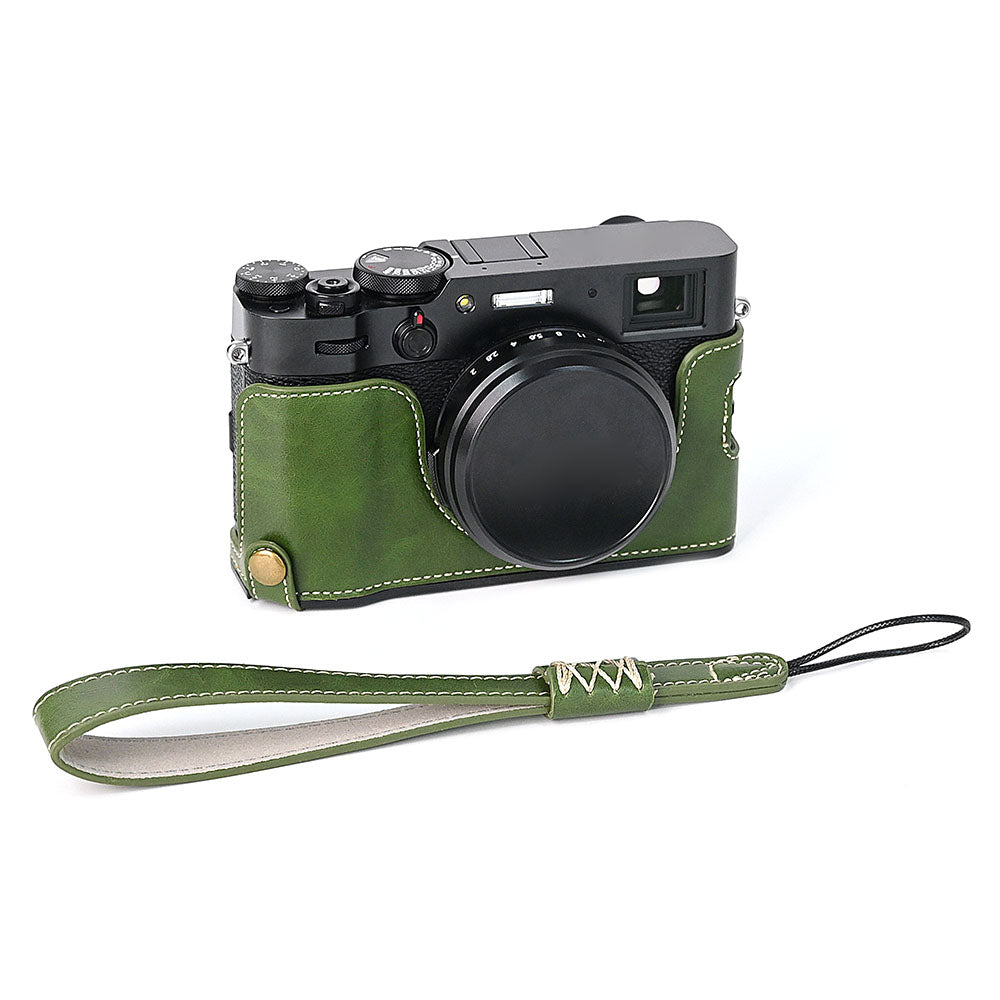 For Fuji X100V Bottom Case Battery Opening Design PU Leather Camera Half Body Cover + Wrist Strap