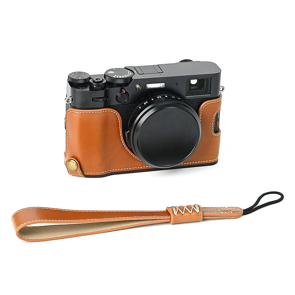 For Fuji X100V Bottom Case Battery Opening Design PU Leather Camera Half Body Cover + Wrist Strap