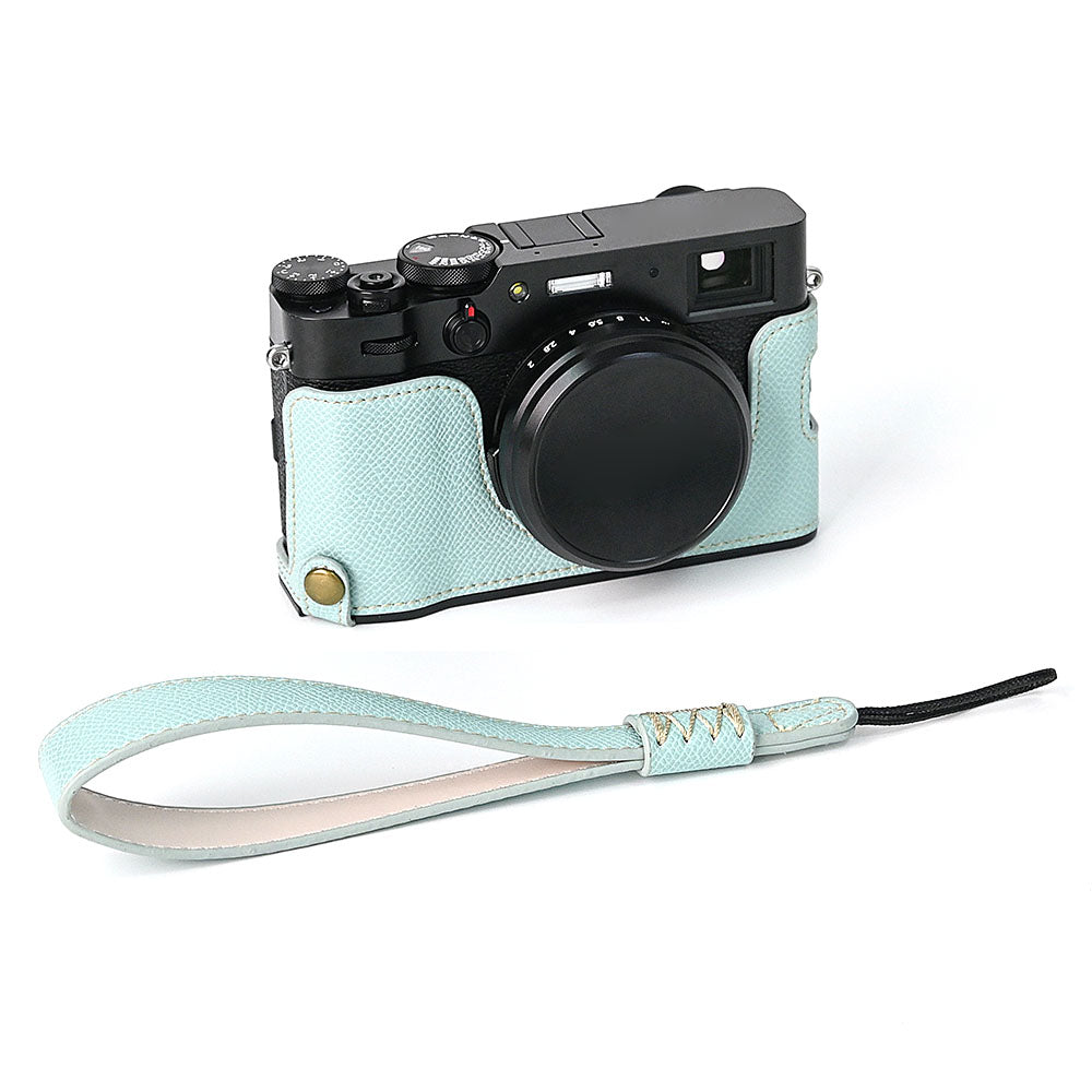 For Fuji X100V Battery Opening Design Palm Texture PU Leather Camera Case Half Body Bottom Case with Wrist Strap