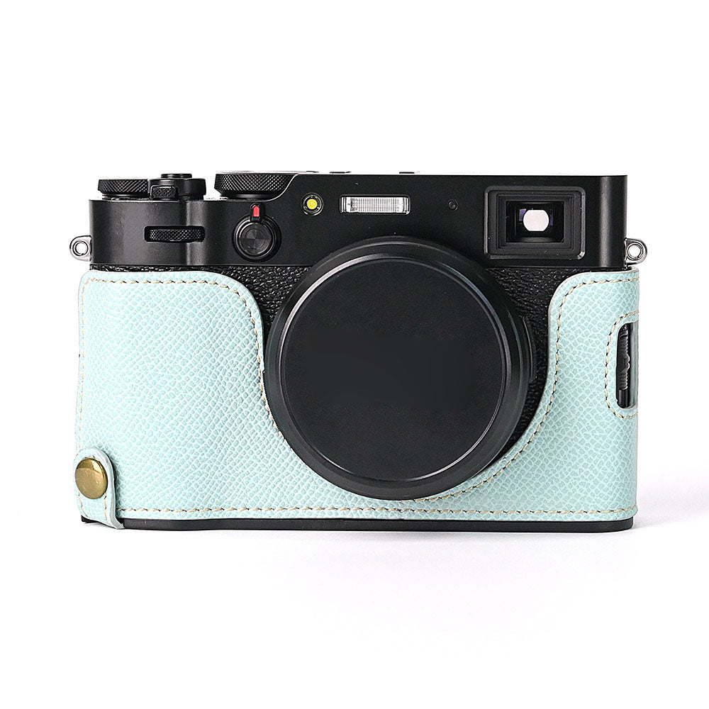 For Fuji X100V Battery Opening Design Palm Texture PU Leather Camera Case Half Body Bottom Case with Wrist Strap