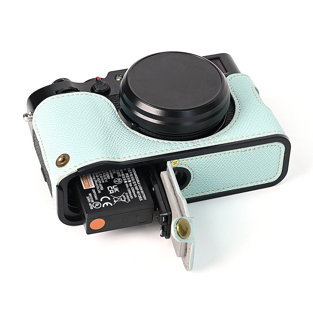 For Fuji X100V Battery Opening Design Palm Texture PU Leather Camera Case Half Body Bottom Case with Wrist Strap