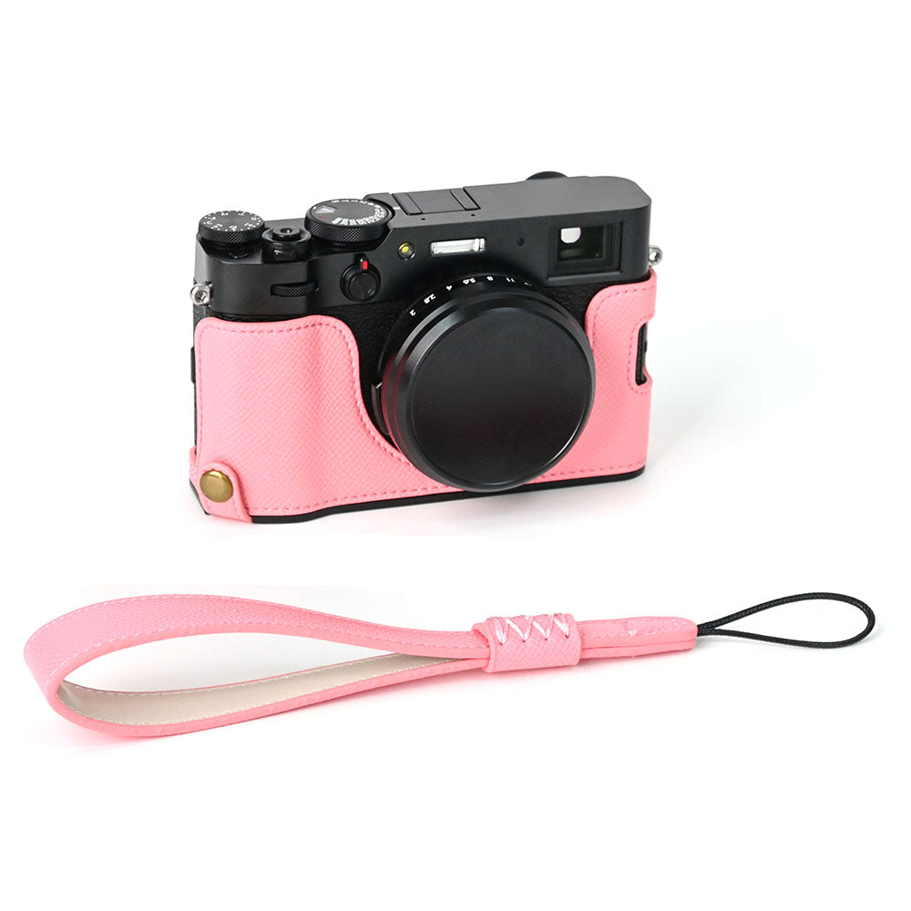 For Fuji X100V Battery Opening Design Palm Texture PU Leather Camera Case Half Body Bottom Case with Wrist Strap