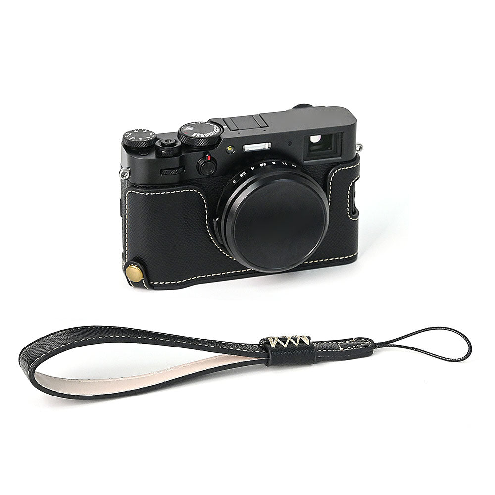 For Fuji X100V Battery Opening Design Palm Texture PU Leather Camera Case Half Body Bottom Case with Wrist Strap