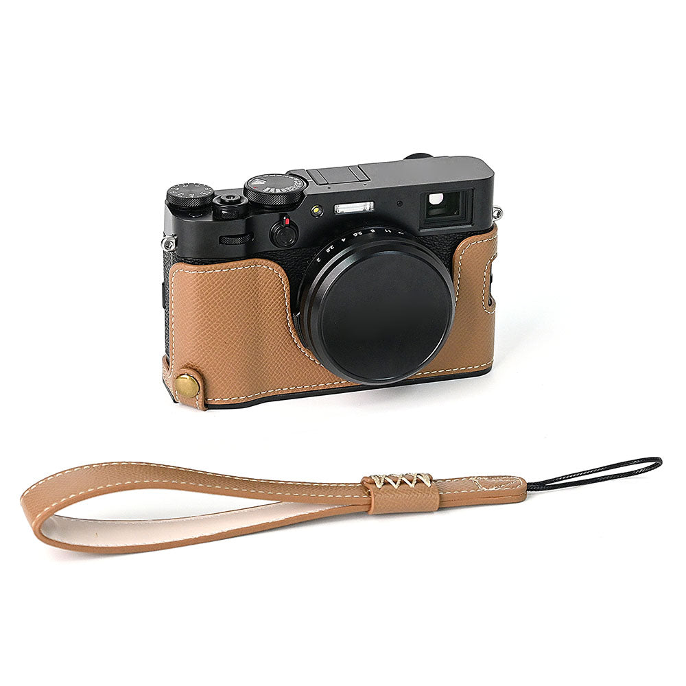 For Fuji X100V Battery Opening Design Palm Texture PU Leather Camera Case Half Body Bottom Case with Wrist Strap