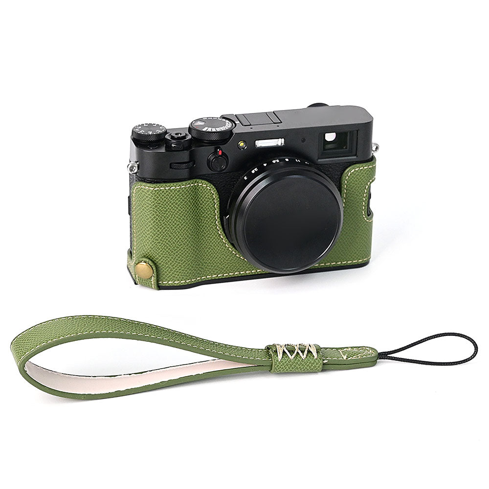 For Fuji X100V Battery Opening Design Palm Texture PU Leather Camera Case Half Body Bottom Case with Wrist Strap