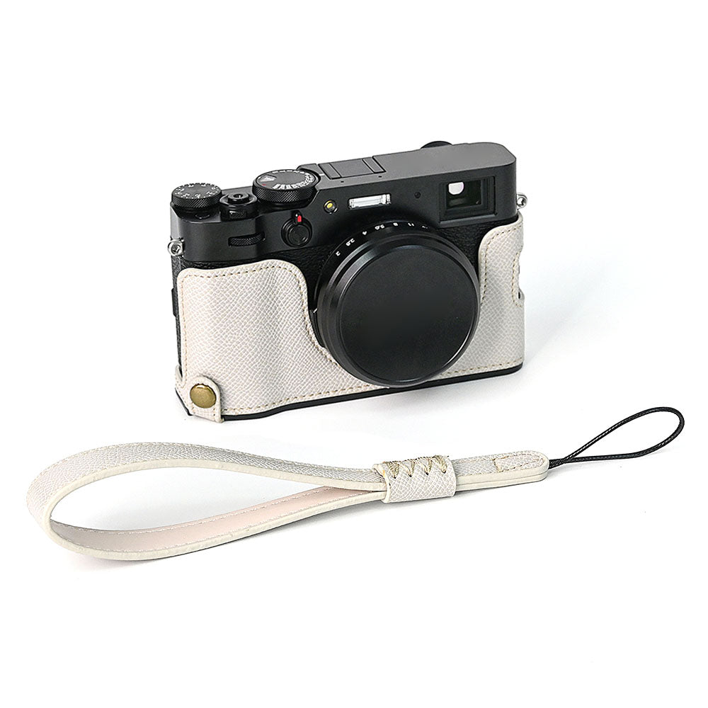 For Fuji X100V Battery Opening Design Palm Texture PU Leather Camera Case Half Body Bottom Case with Wrist Strap