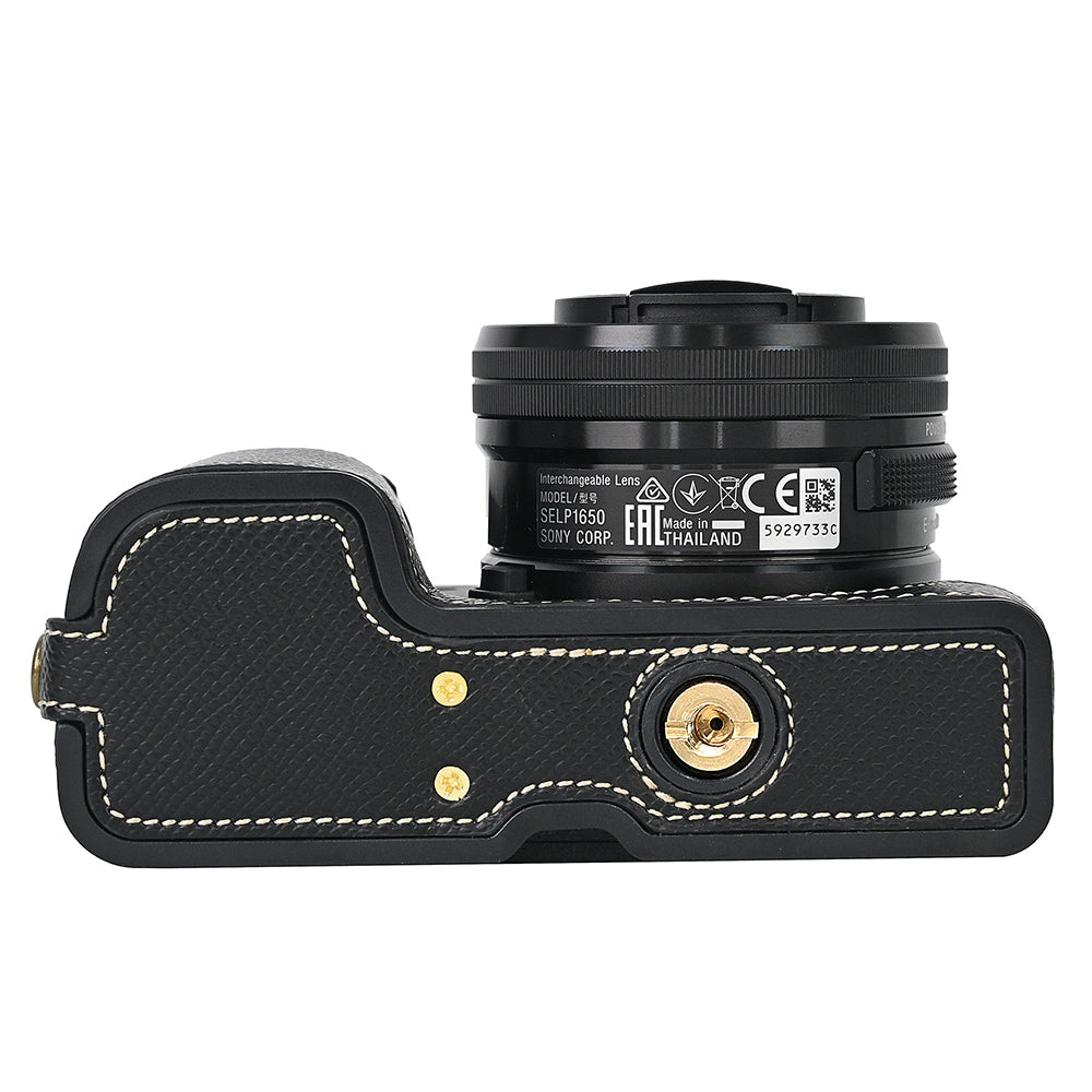 Camera Case for Sony A6400 / A6300 / A6100 / A6000 Battery Opening Design Palm Texture PU Leather Half Body Bottom Case with Wrist Strap