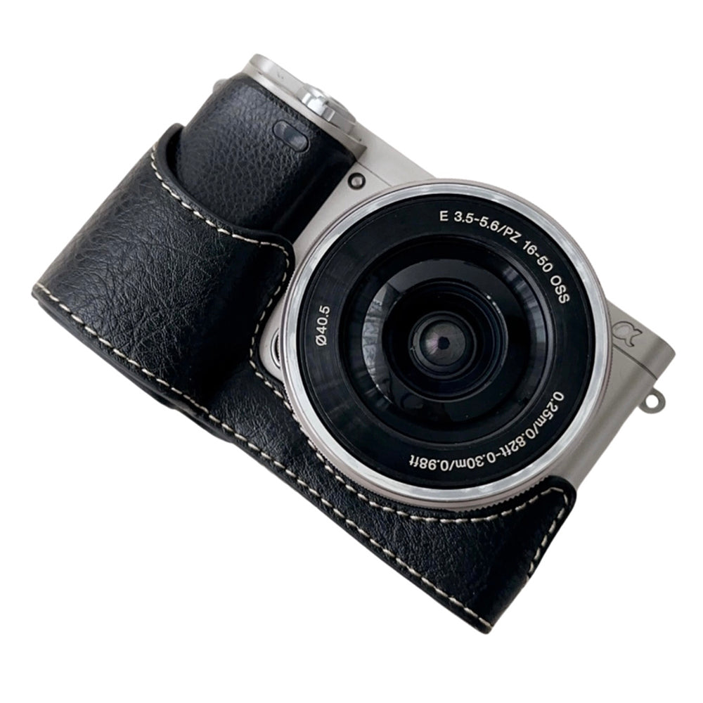 For Sony A6400 / A6300 / A6100 / A6000 PU Leather Camera Bottom Cover Screw Hole Half Body Case