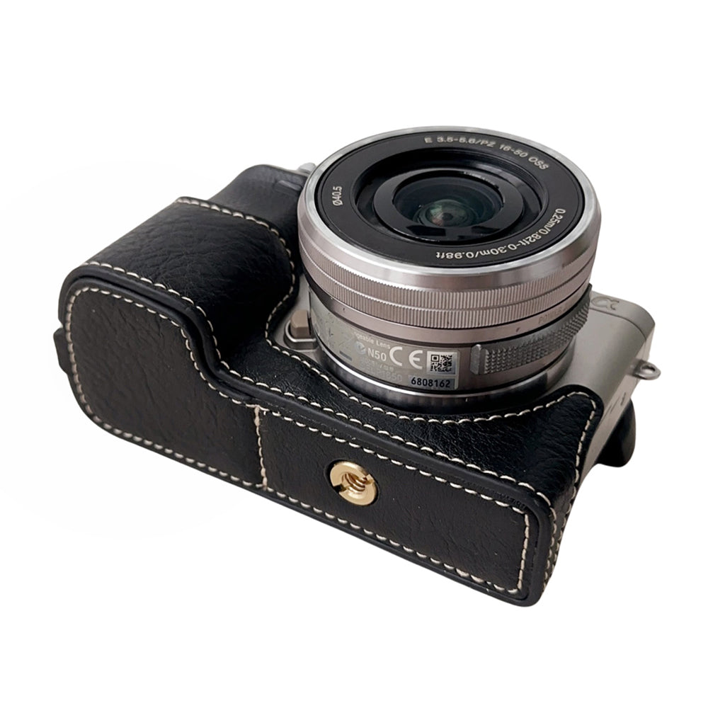 For Sony A6400 / A6300 / A6100 / A6000 PU Leather Camera Bottom Cover Screw Hole Half Body Case