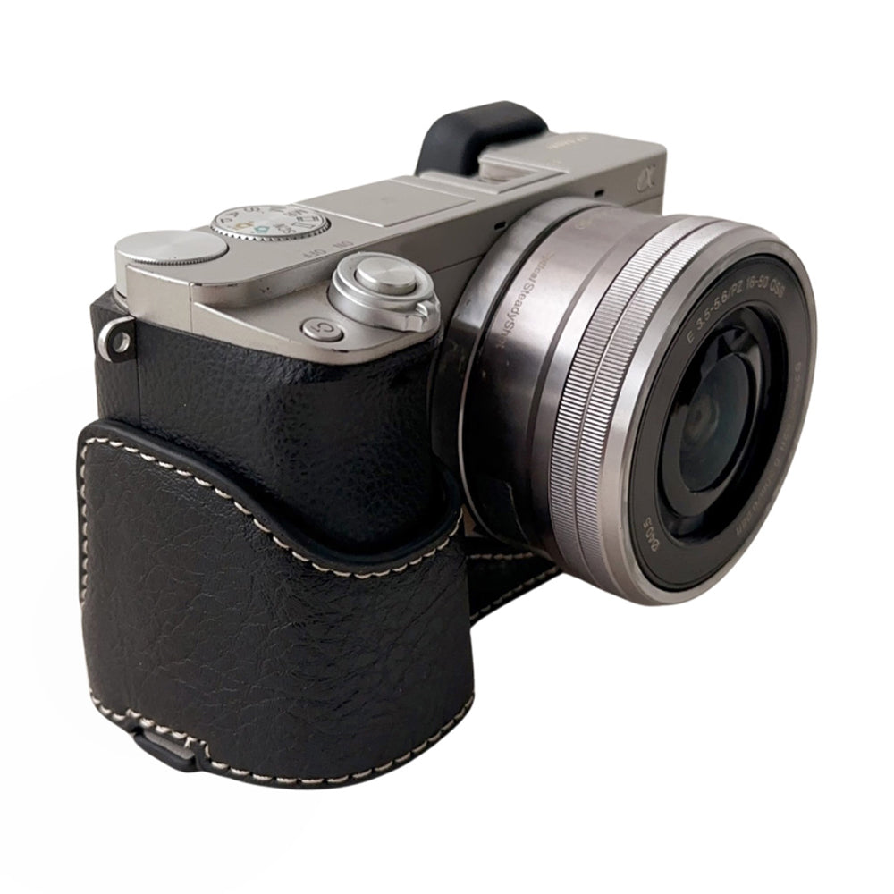 For Sony A6400 / A6300 / A6100 / A6000 PU Leather Camera Bottom Cover Screw Hole Half Body Case