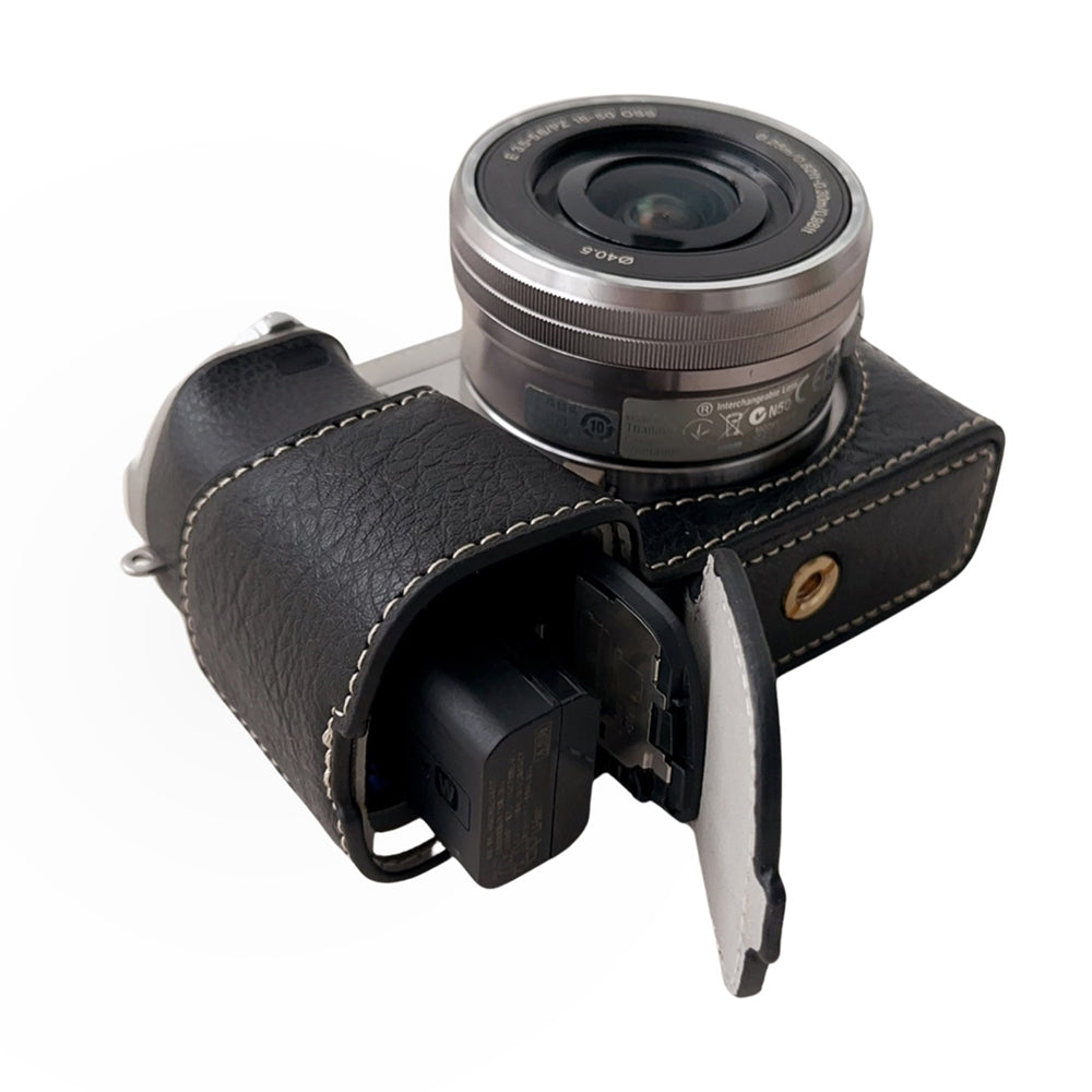 For Sony A6400 / A6300 / A6100 / A6000 PU Leather Camera Bottom Cover Screw Hole Half Body Case