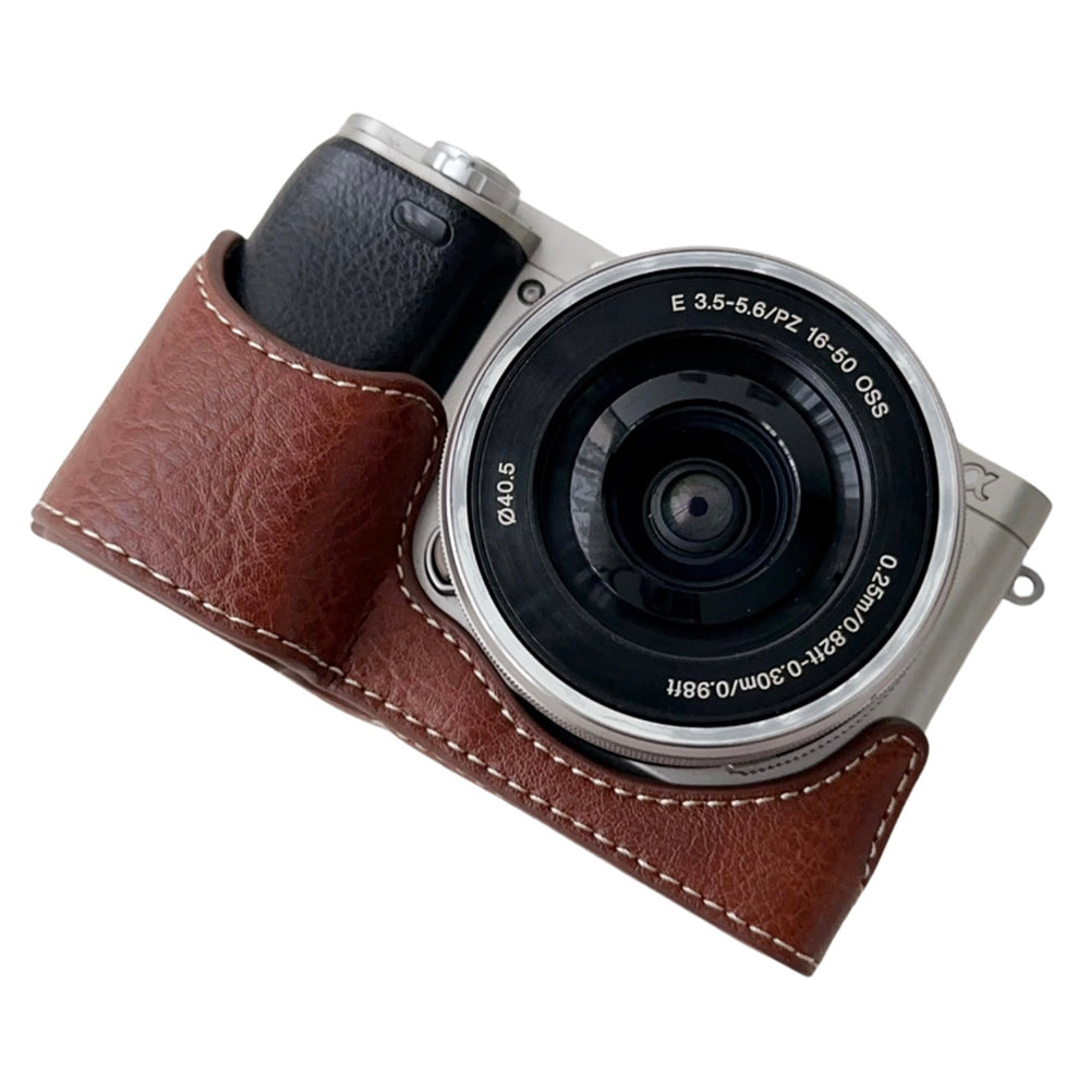 For Sony A6400 / A6300 / A6100 / A6000 PU Leather Camera Bottom Cover Screw Hole Half Body Case