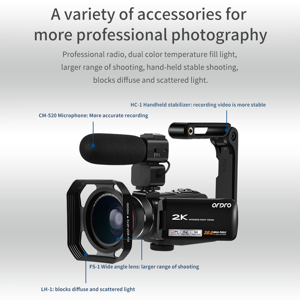 ORDRO Z63 16X Digital Zoom Full HD 2K 3.0-inch Touch Screen Digital Camera + Mic + Bracket + Shading Hood