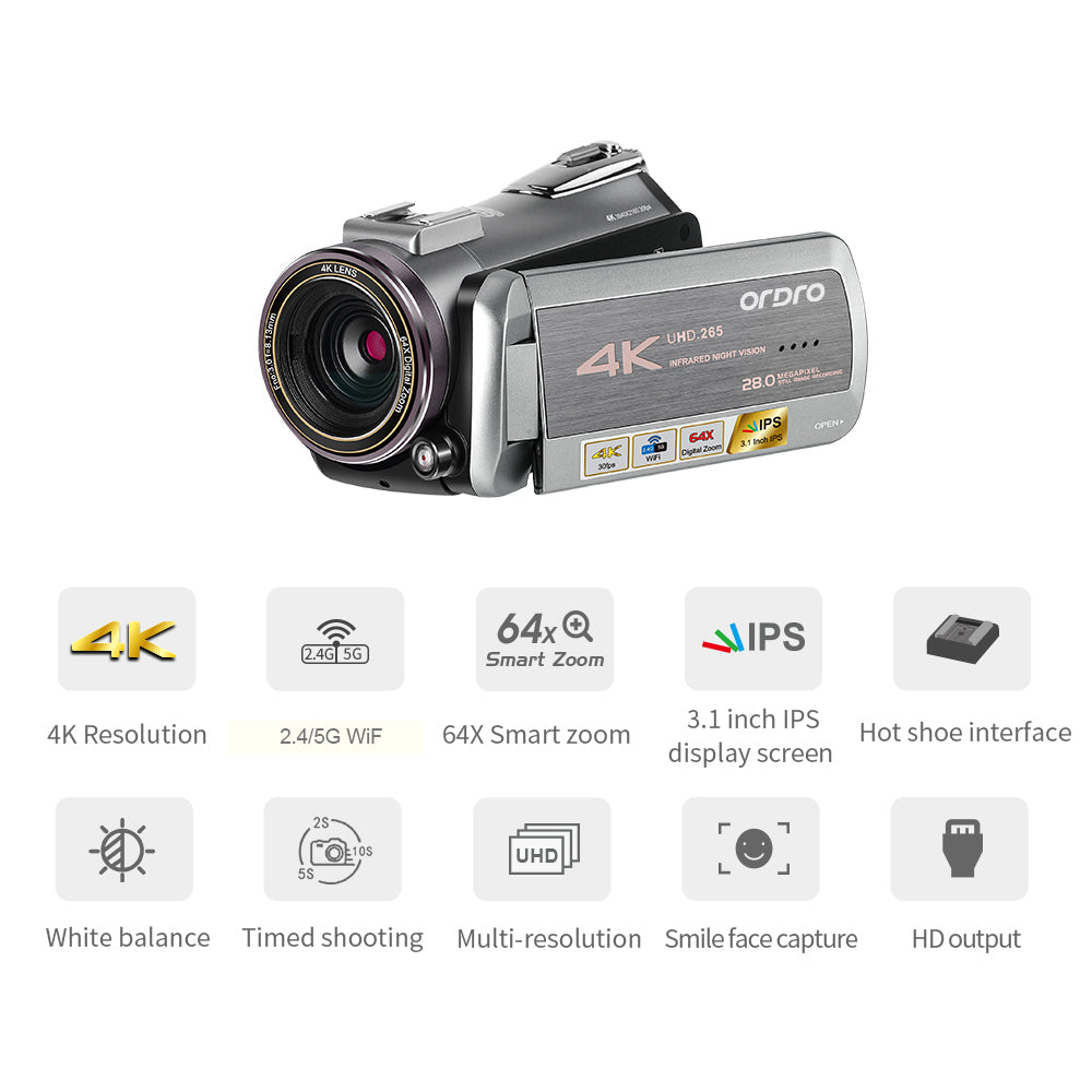 ORDRO AZ50 3.1-inch 4K HD Video Camera Digital DV Night Vision Camcorder, High-end Version