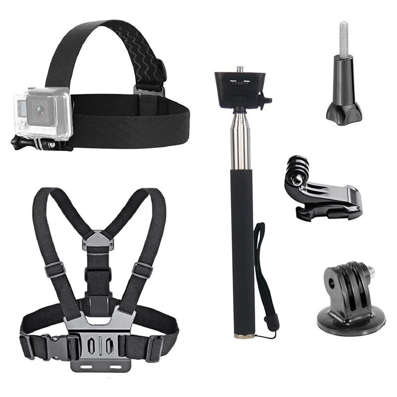 For GoPro Hero Universal Action Camera Accessories Kit 6-in-1 Chest Strap, Head Strap, Selfie Stick