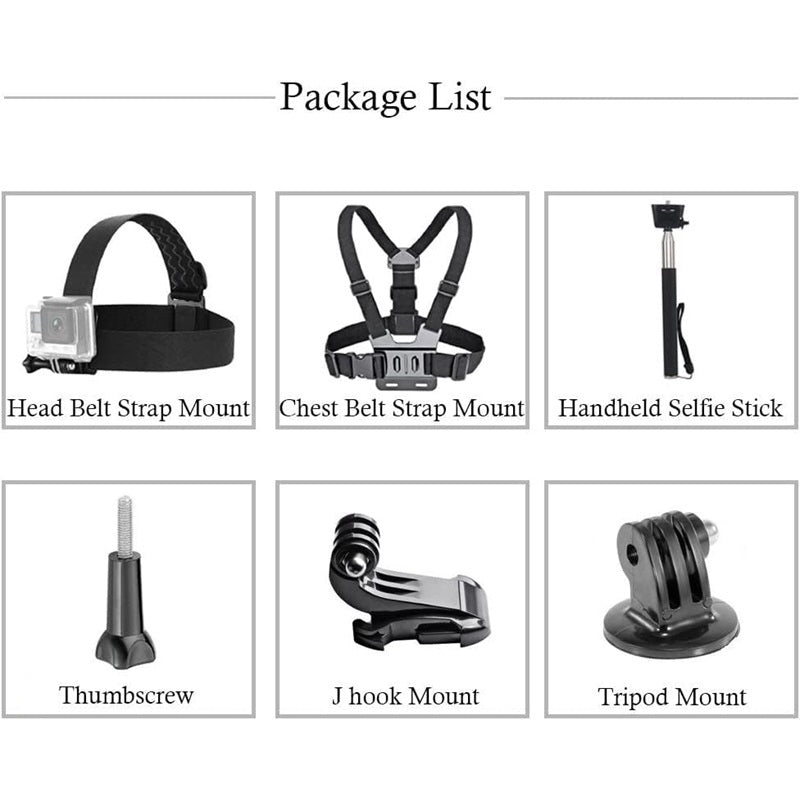 For GoPro Hero Universal Action Camera Accessories Kit 6-in-1 Chest Strap, Head Strap, Selfie Stick